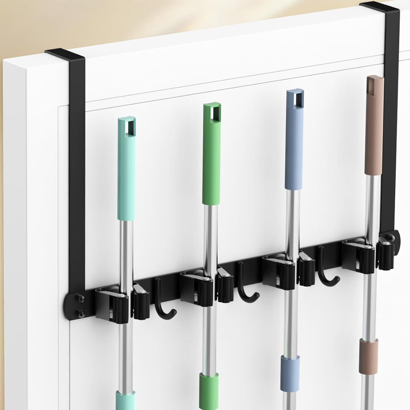 Rebrilliant Broom Holder Over The Door Mop And Broom Holder Wall Mount Or Hanging Over The Door With Hooks Broom Hanger Broom Storage Tool Organizer For Garage Closet Laundry 1PCS Wayfair